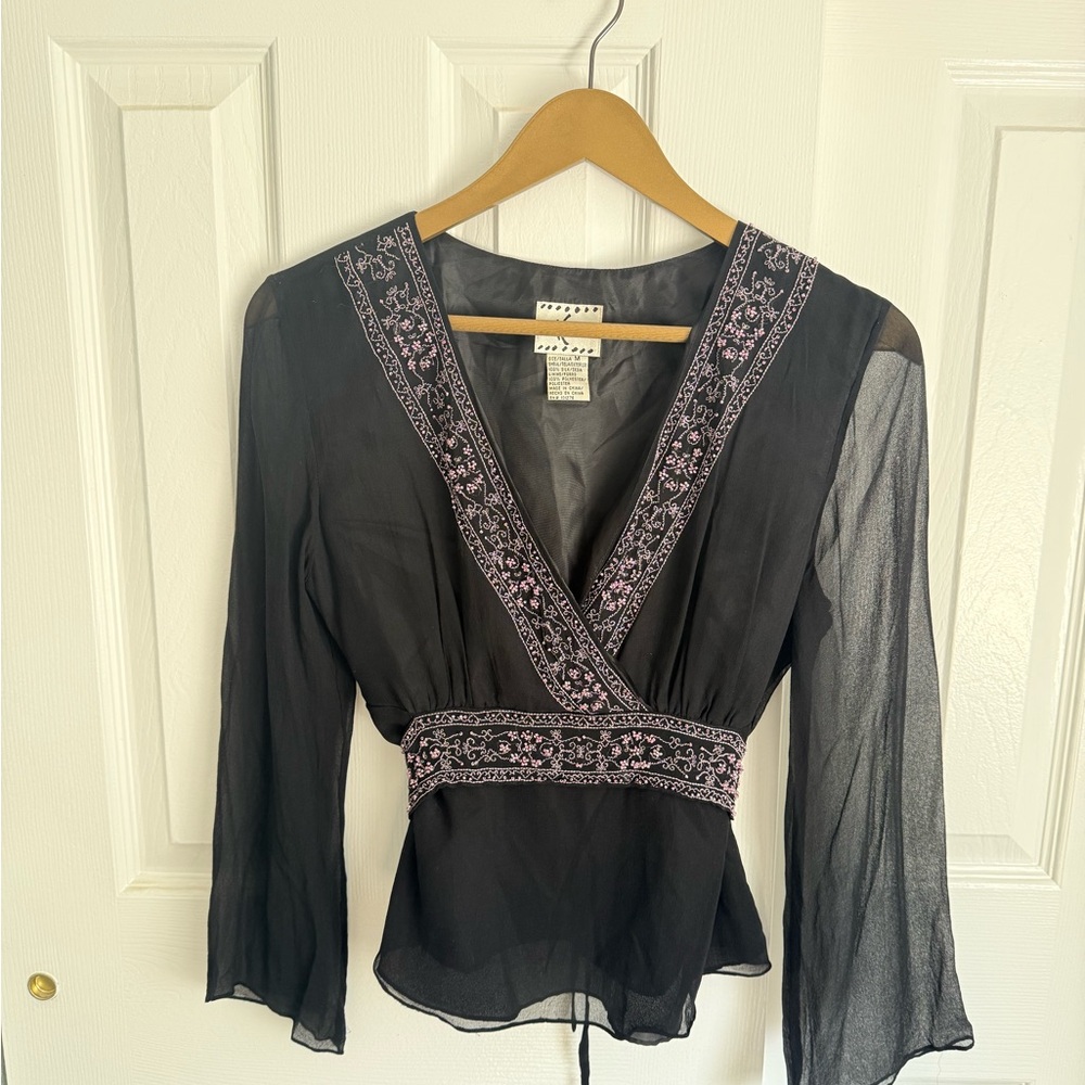 Ice Black Wrap Embellished Peplum Blouse